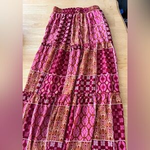 Patchwork Print Ruffle Hem Skirt - Fuchsia Pink printed skirt XS-S